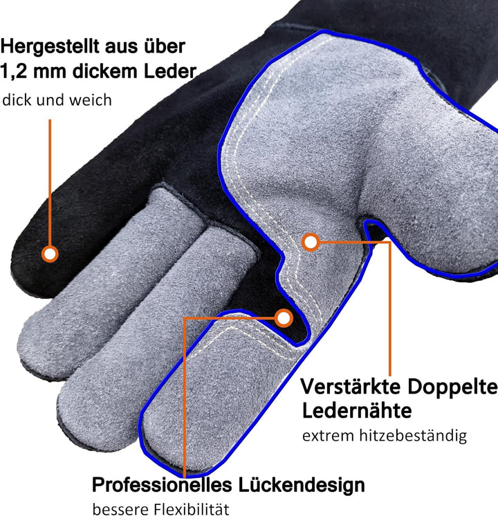 WZQH 40 cm, Leder Grillhandschuhe, Feuerfester Hitzebeständige Mitts für Schweissen, Feuerwehr, Kami