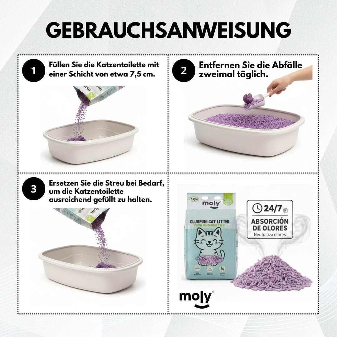 MOLY 2 x Tofu und Lavendel-Katzenstreu, 5,6 kg, 7,4 l, biologisch abbaubar und saugfähig, mit Lavend