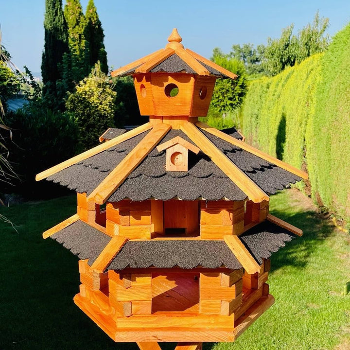 DARLUX Vogelvilla wetterfest von L bis XXL Futterhaus Vogelhaus mit oder ohne Ständer in Braun mit R