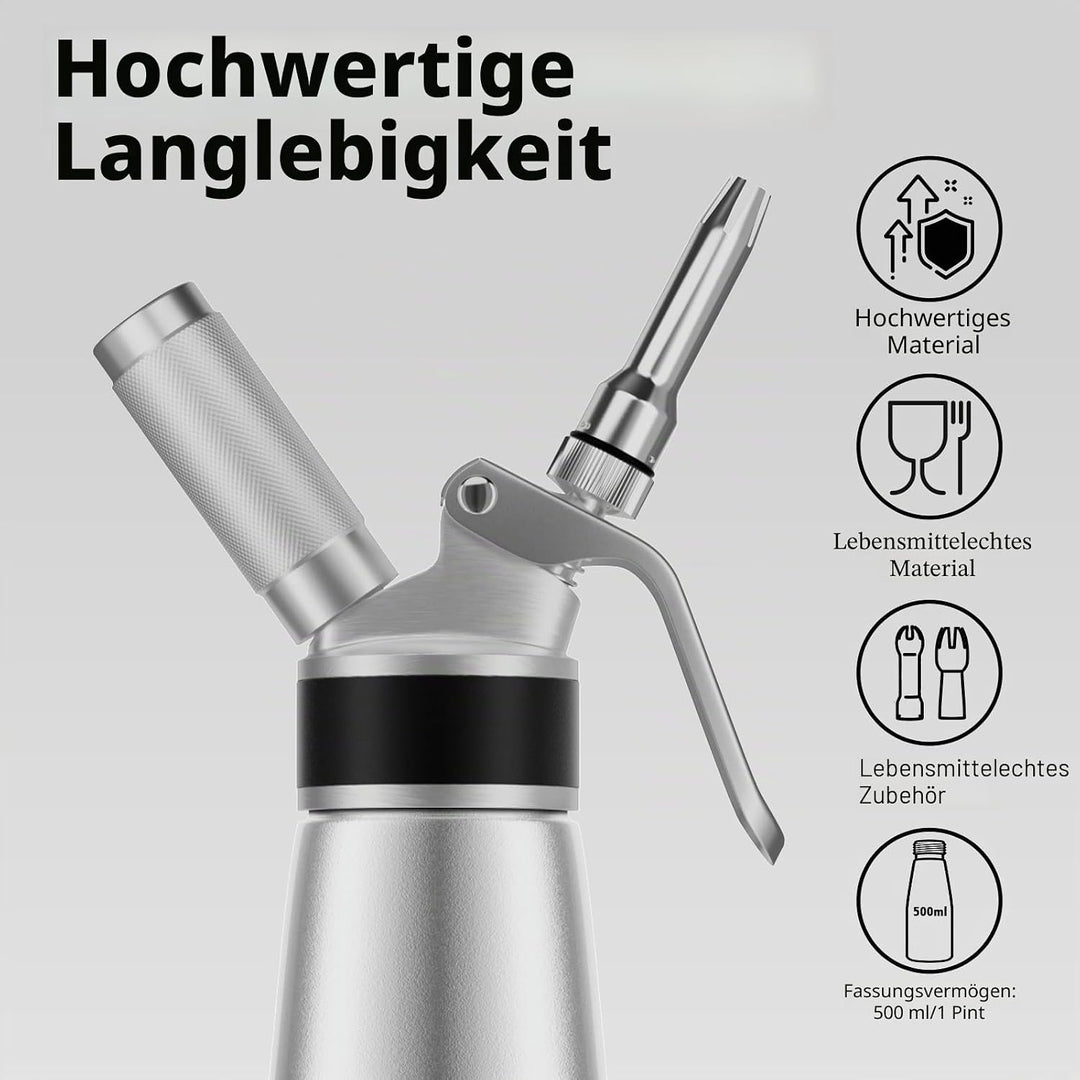 ENLOY Professioneller Aluminium-Sahne-Spender, 500 ml, Schlagsahnebereiter, Kanister mit 8 Dekoratio