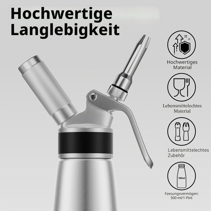 ENLOY Professioneller Aluminium-Sahne-Spender, 500 ml, Schlagsahnebereiter, Kanister mit 8 Dekoratio
