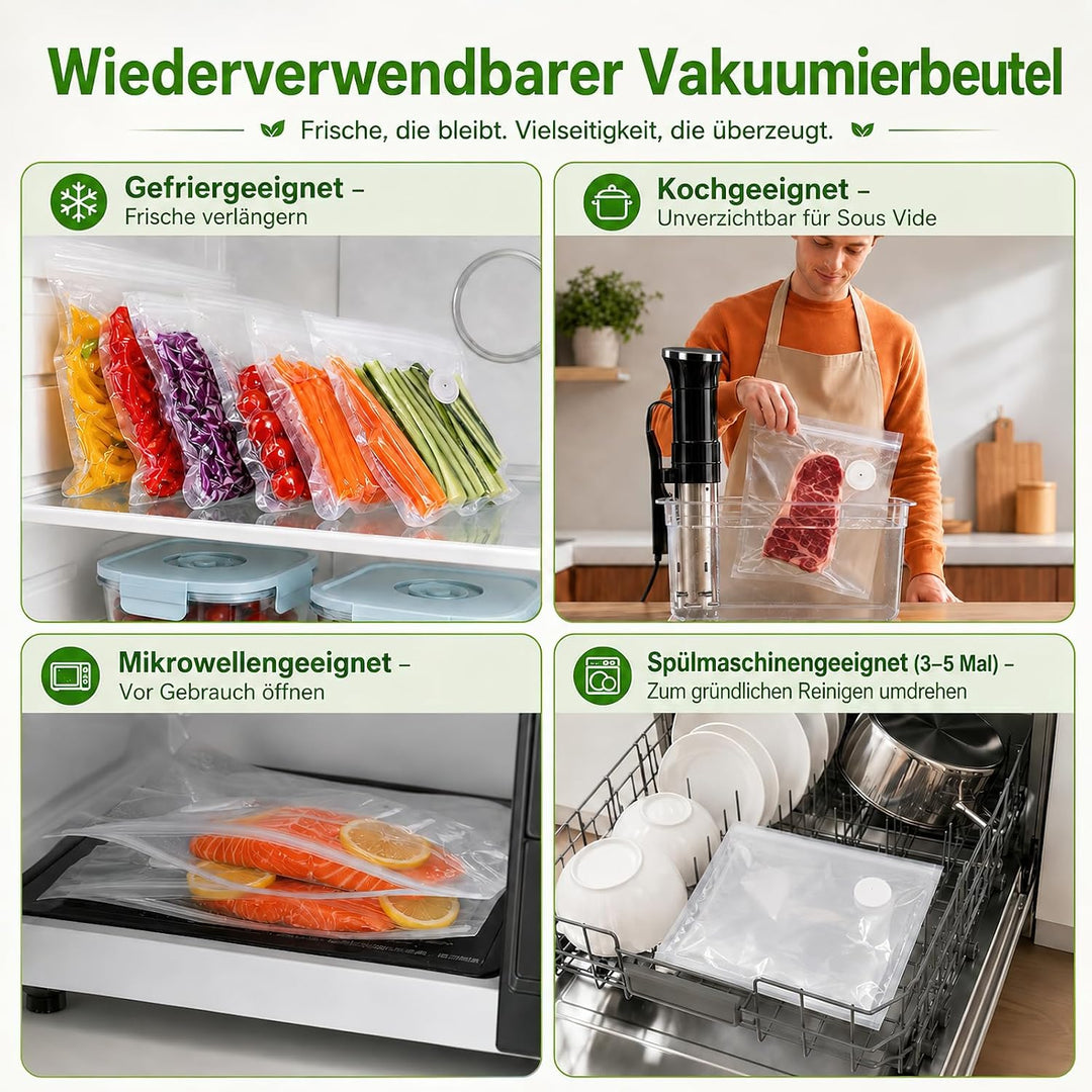 BoxLegend Handliche Vakuumiergerät mit 15S+15M Vakuumierbeuteln | Lebensmittelecht, wiederverwendbar
