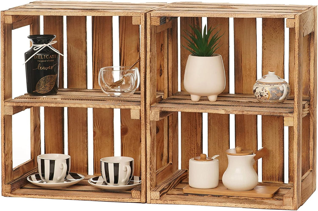 GrandBox Geflammte Holz-Kiste 50x40x30cm 3er Set mit Mittelbrett, Wein-Kiste, Obst-Kiste, Kaminholz-