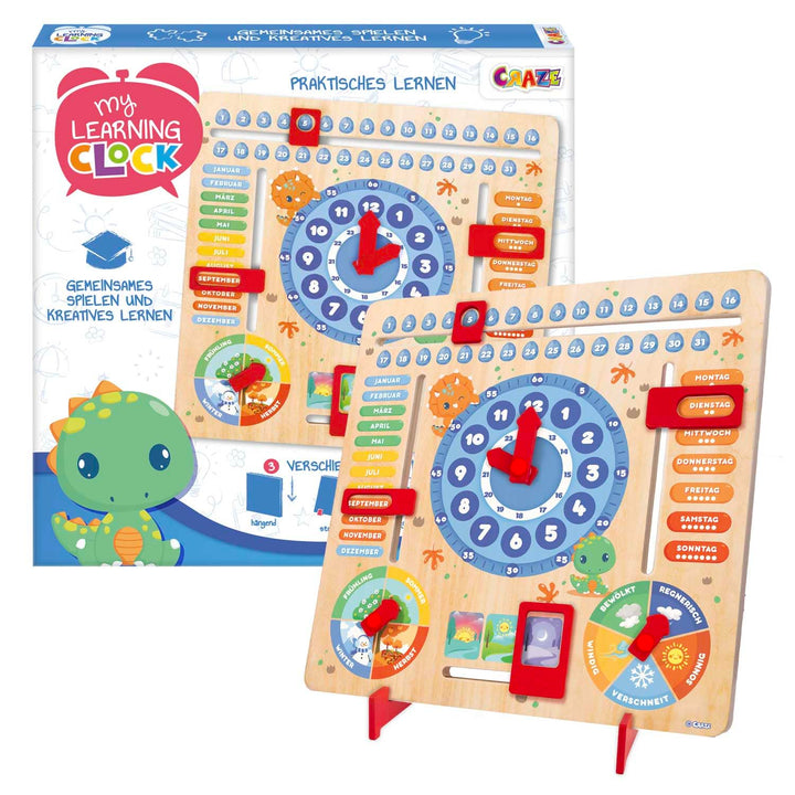 CRAZE My Learning Clock Dino - Lernuhr für Kinder aus Holz, Kalenderuhr zum Lernen für Kinder, Lernt