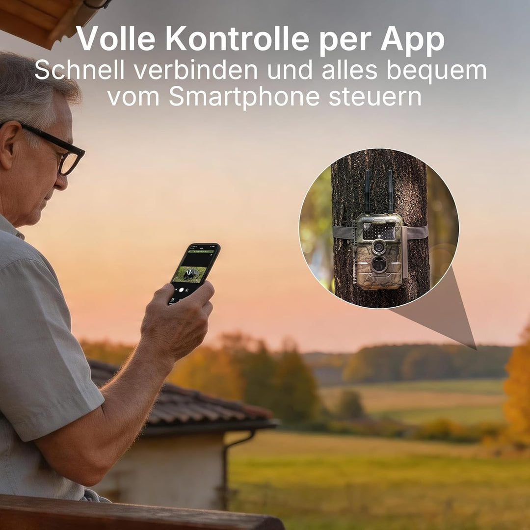GardePro E6 2.0 Pro Wildkamera WLAN, Wiederaufladbare 8000mAh Akku mit 64GB SD Karte, 64MP 1296P, Wi