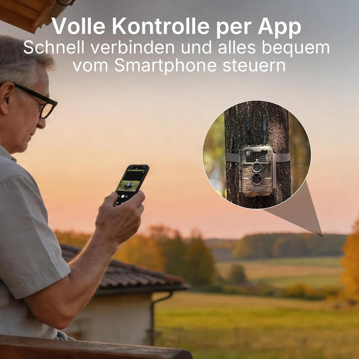 GardePro E6 2.0 Pro Wildkamera WLAN, Wiederaufladbare 8000mAh Akku mit 64GB SD Karte, 64MP 1296P, Wi