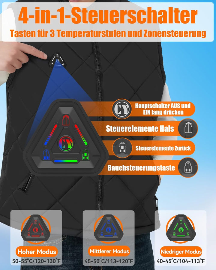 CYCYHEAT Beheizbare Weste Damen und Herren mit 7,4V 10000mAh Akku und 4-in-1 Steuerung – Leichte Wat