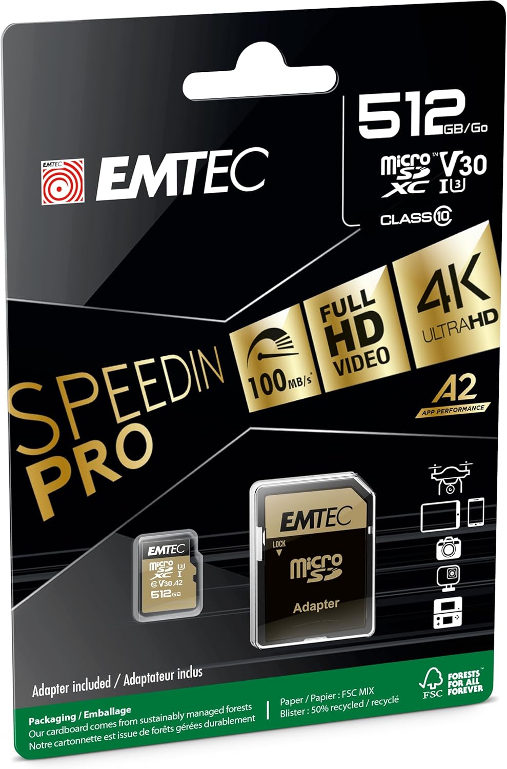 Emtec - UHS-I U3 V30 A1-512 GB, 256 GB - ECMSDM256GXC10SP - Speedin Serie - mit Adapter - Lese- und