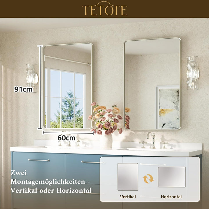 TETOTE 60x90cm Wandspiegel Nickel Ohne Beleuchtung, Rechteckig Badspiegel mit Runder Ecke, Metallrah