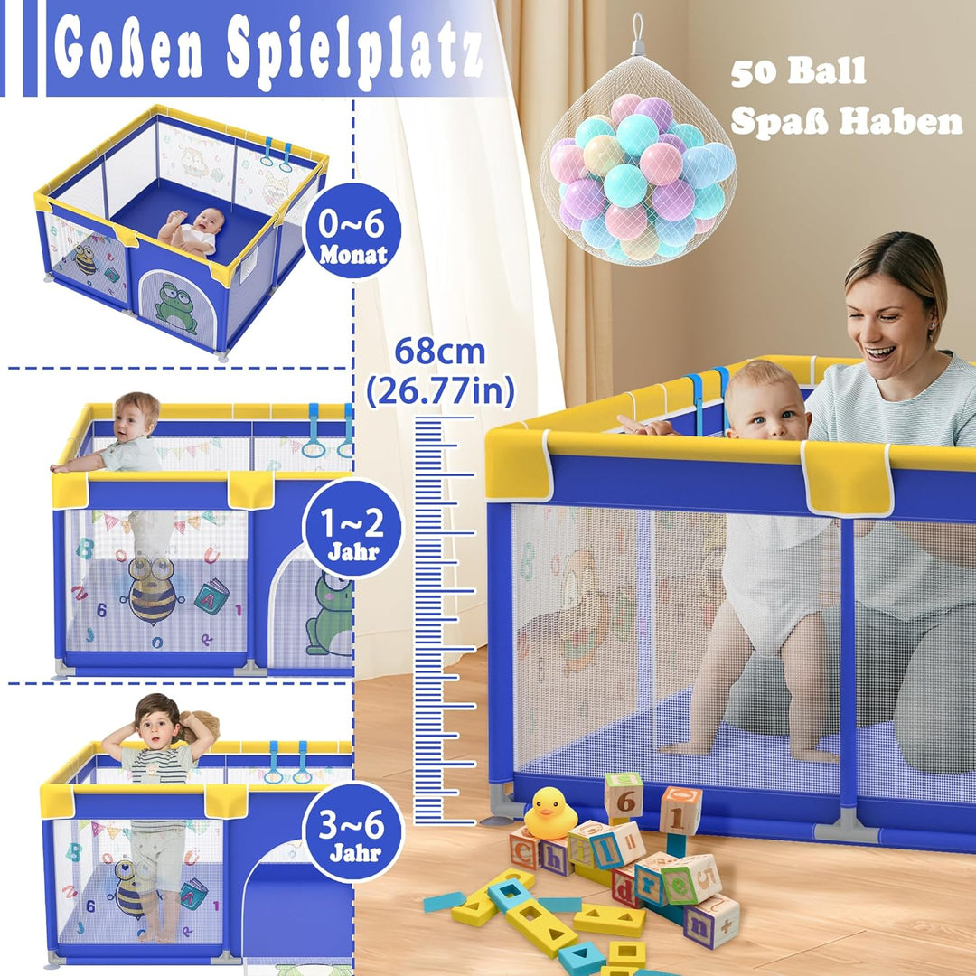 HENGMEI Baby Laufgitter Laufstall Absperrgitter 127x127cm Aktivitätszentrum mit Rutschfester Basis,