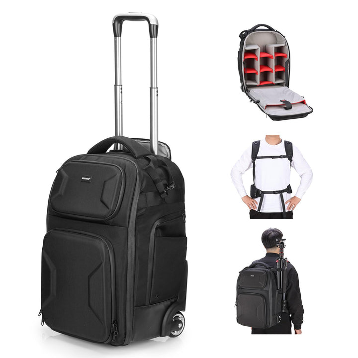 NEEWER 2 in 1 Kamerarucksack Rollen mit abnehmbaren stossfesten Trennwänden Griff Hüftgurt Regenschu