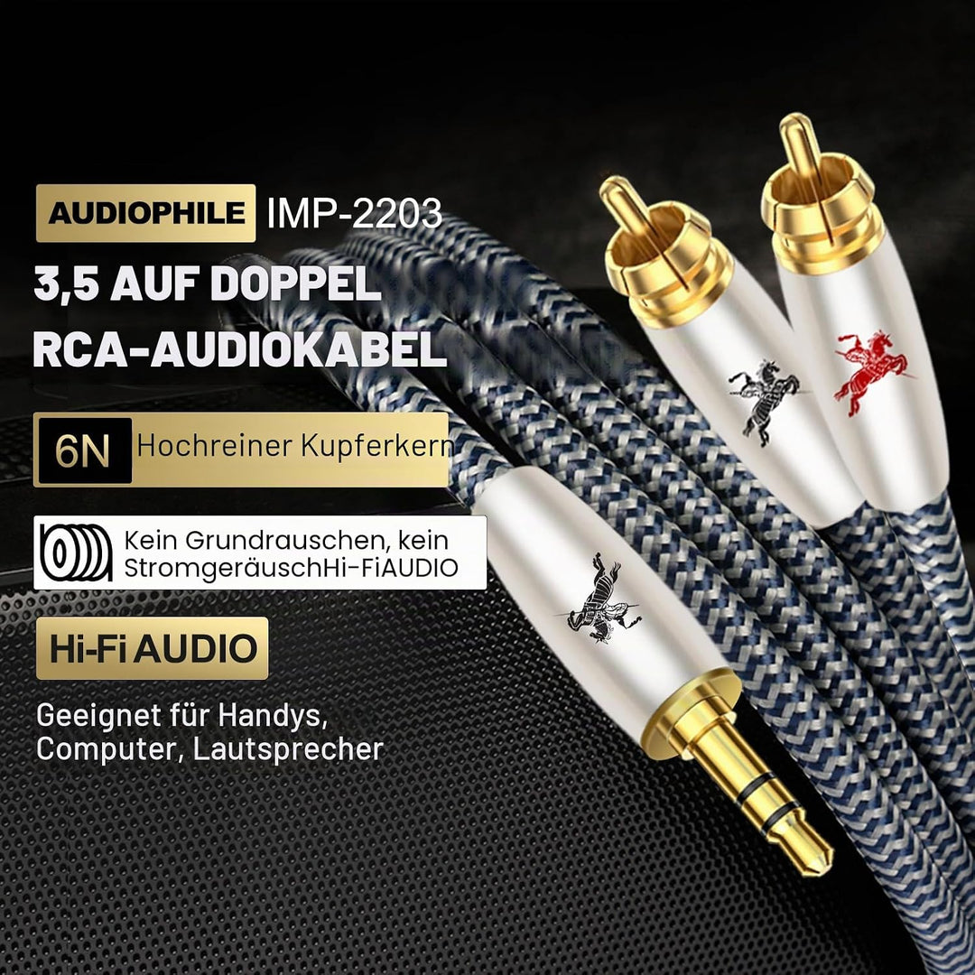 Impeto 3,5mm Klinke auf 2 Cinch Y Kabel Adapter [1,5m] Aux auf 2 RCA kabel Audio Kabel, 6N OFC cinch