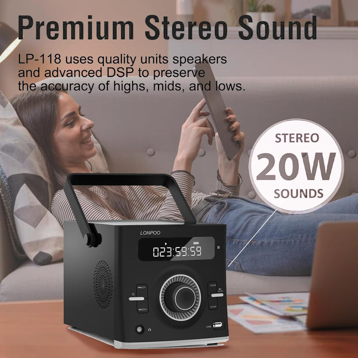Tragbarer CD-Player Boombox 20W für Draussen, Eingebaute wiederaufladbare BatterieFM-Radio/Bluetooth