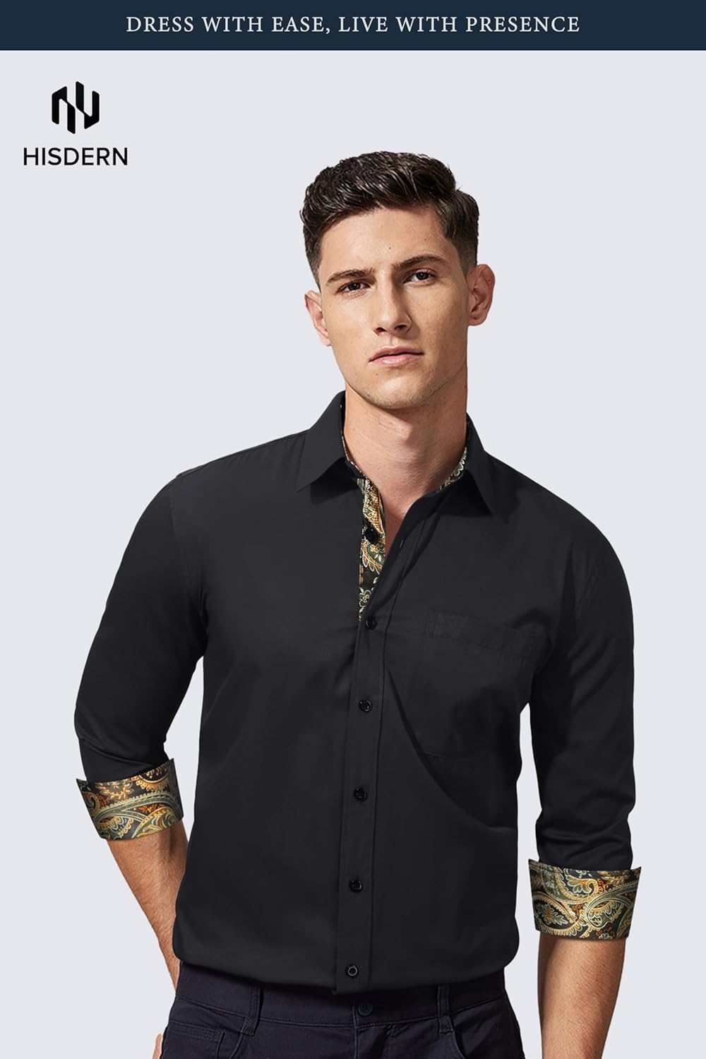 HISDERN Herrenhemd, langärmelig, Knopfleiste, Freizeithemden für Herren, Innenkontrast, formell, Bus