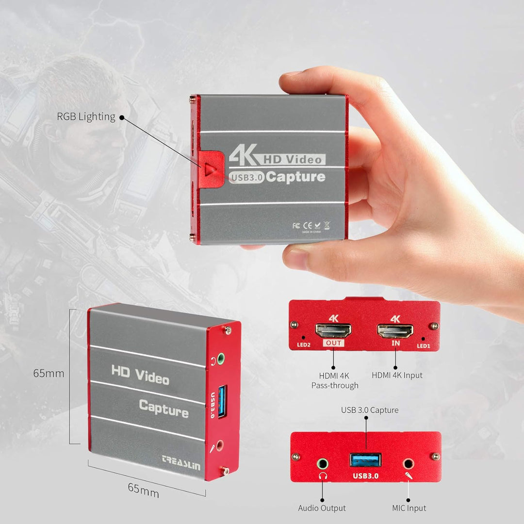 TreasLin Capture Card 4K,USB 1080P 60FPS Video Capture Karte,HDMI Passthrough Arbeiten mit DSLR Xbox