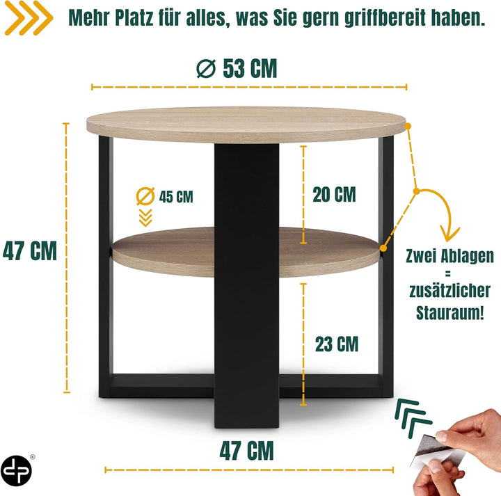 Couchtisch rund Ø53 cm - Kleiner Beistelltisch mit Ablage - Sonoma Eiche - 2 Ebenen, runder moderner