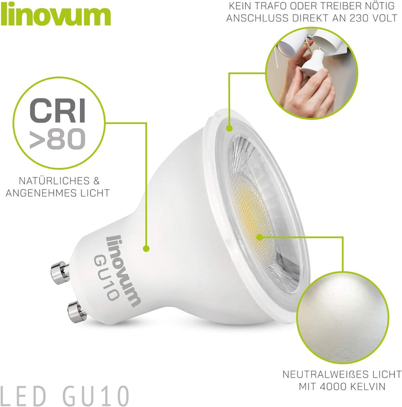 linovum 10er Set Leuchtmittel LED GU10 neutralweiss 6 Watt 42° Abstrahlwinkel - ersetzt 60 Watt - LE