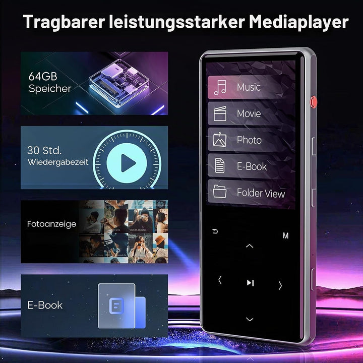 HIFI WALKER M7-128GB MP3 Player mit Bluetooth 5.0, 2,4 Zoll Touchscreen-Musikplayer mit Lautsprecher