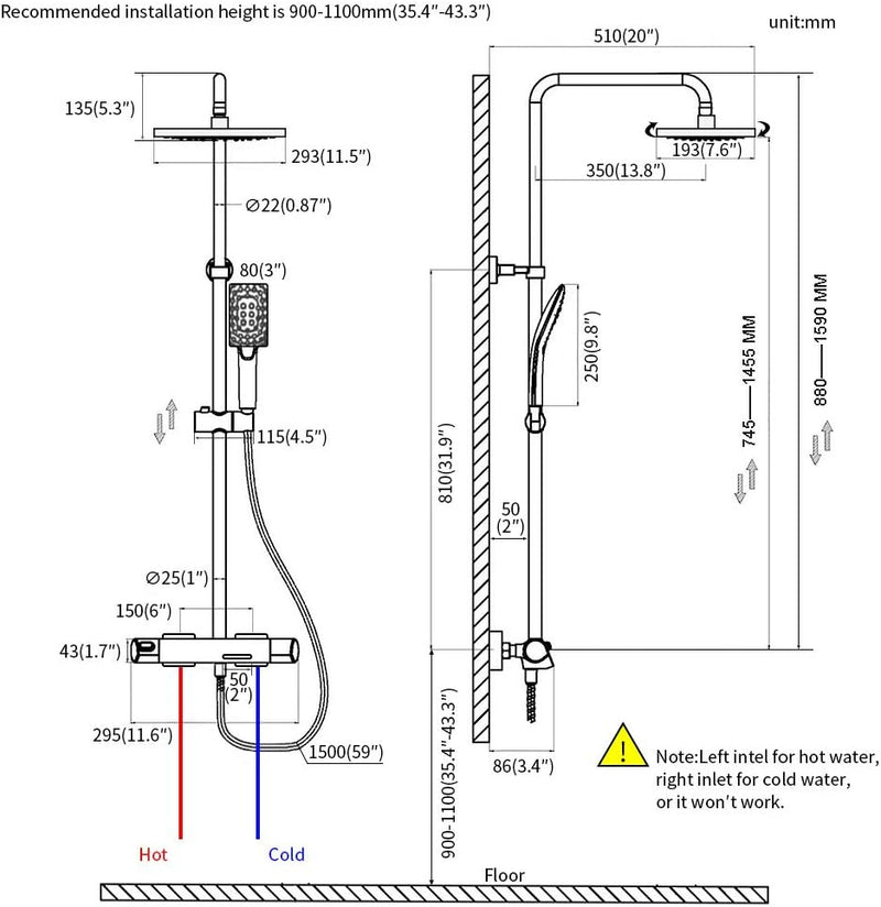 PHASAT Duschamatur Schwarz Bad Duschset Duschsystem Regendusche mit Armatur Thermostat Überkopfbraus