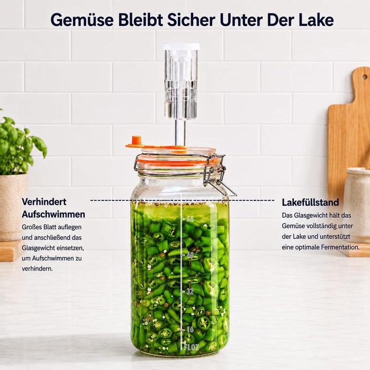 Fermentiergläser, je 2 L, Glas-Fermentierset mit Airlock und Gewichten für Sauerkraut, Kimchi, Pickl