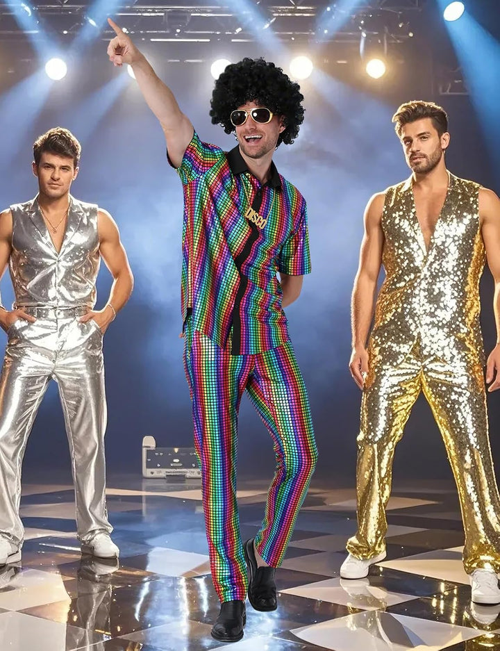 Herren 70er Jahre Disco Hose Metallic Glänzend Hosen 32W Mehrfarbig, 32W Mehrfarbig
