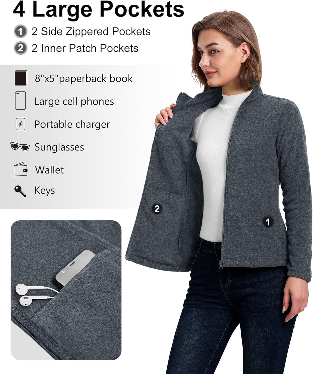 33,000ft Damen Fleecejacke mit Durchgehendem Reissverschluss Stehkragen Damen Leichte Fleece Jacke A