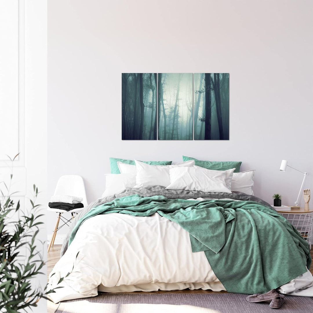 Runa Art Wandbilder Wald Nacht Bild XXL Schlafzimmer Wohnzimmer Türkis Nebel 120 x 80 cm 3 Teilig 01