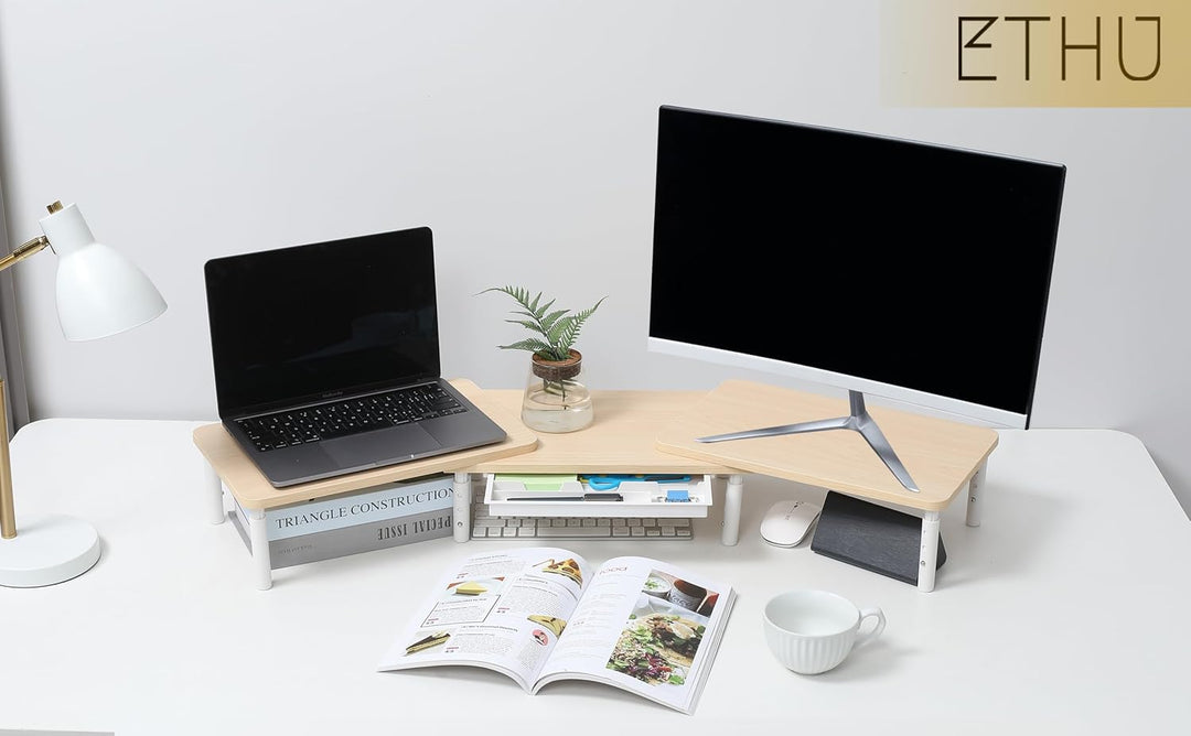 ETHU Dual-Monitor-Ständer, Doppelmonitor-Riser für Länge und Winkel Verstellbarer Desktop-Monitor-Re