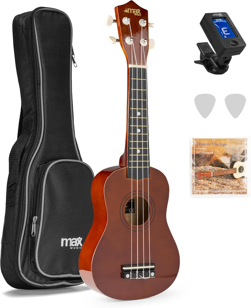 MAX UKEY Ukulele Komplett Set inkl. Plektren, digitalem Stimmgerät und Tasche, 21" mini Gitarre, Uku