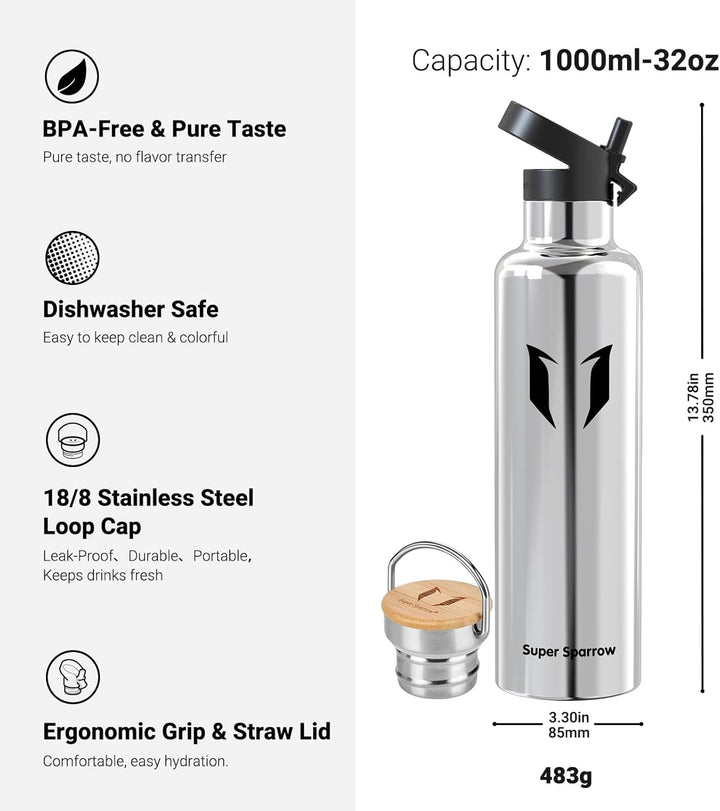 Super Sparrow Trinkflasche Edelstahl - 350ml/500ml/620ml/750ml/1L - Auslaufsicher Thermoskanne, BPA-