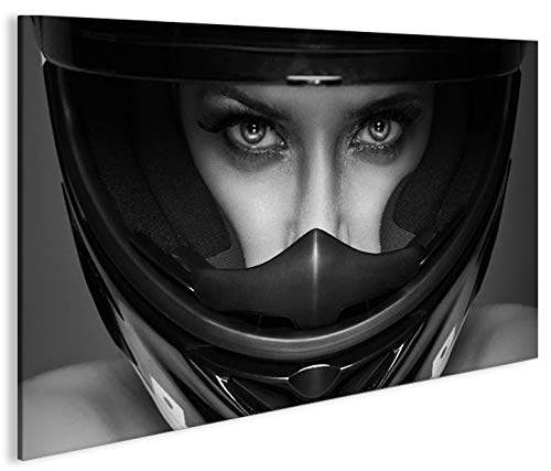islandburner Bild Bilder auf Leinwand Frau mit Motorrad Helm 1p XXL Poster Leinwandbild Wandbild Dek