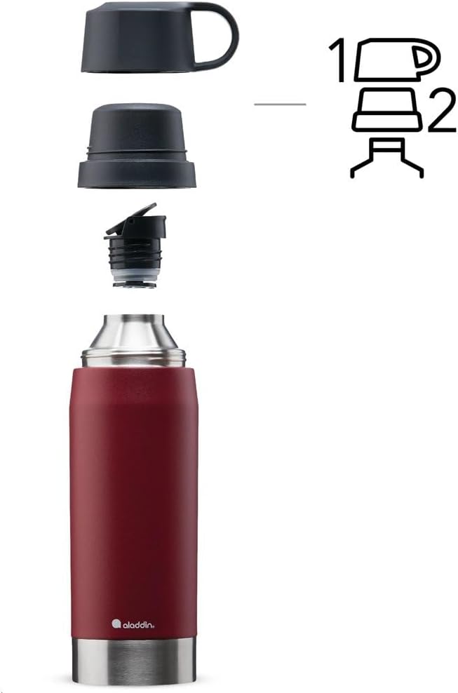 Aladdin CityPark Thermavac Twin Cup Bottle 1.1L Burgundy Red – BPA FREE Stainless Steel Bottle with