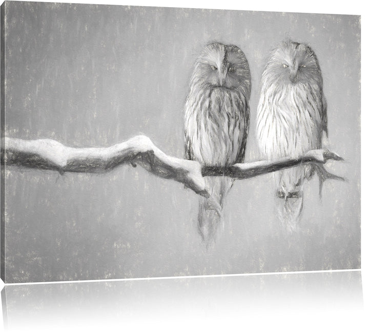 Pixxprint Zwei Eulen in Winterlandschaft Kunst Kohle Effekt, Format: 100x70 auf Leinwand, 100x70
