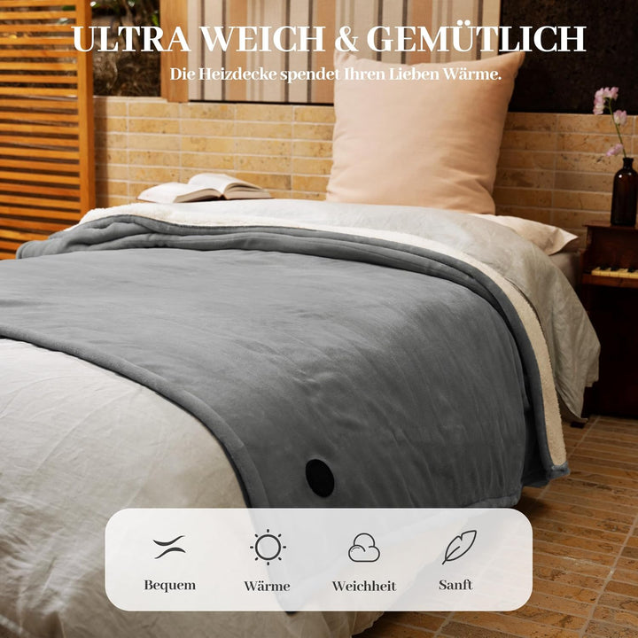 GOTCOZY Wärmedecke Heizdecke 130x180 cm – Ein Knopf Wärmedecke Elektrisch mit 10 Heizstufen & 9-Stun