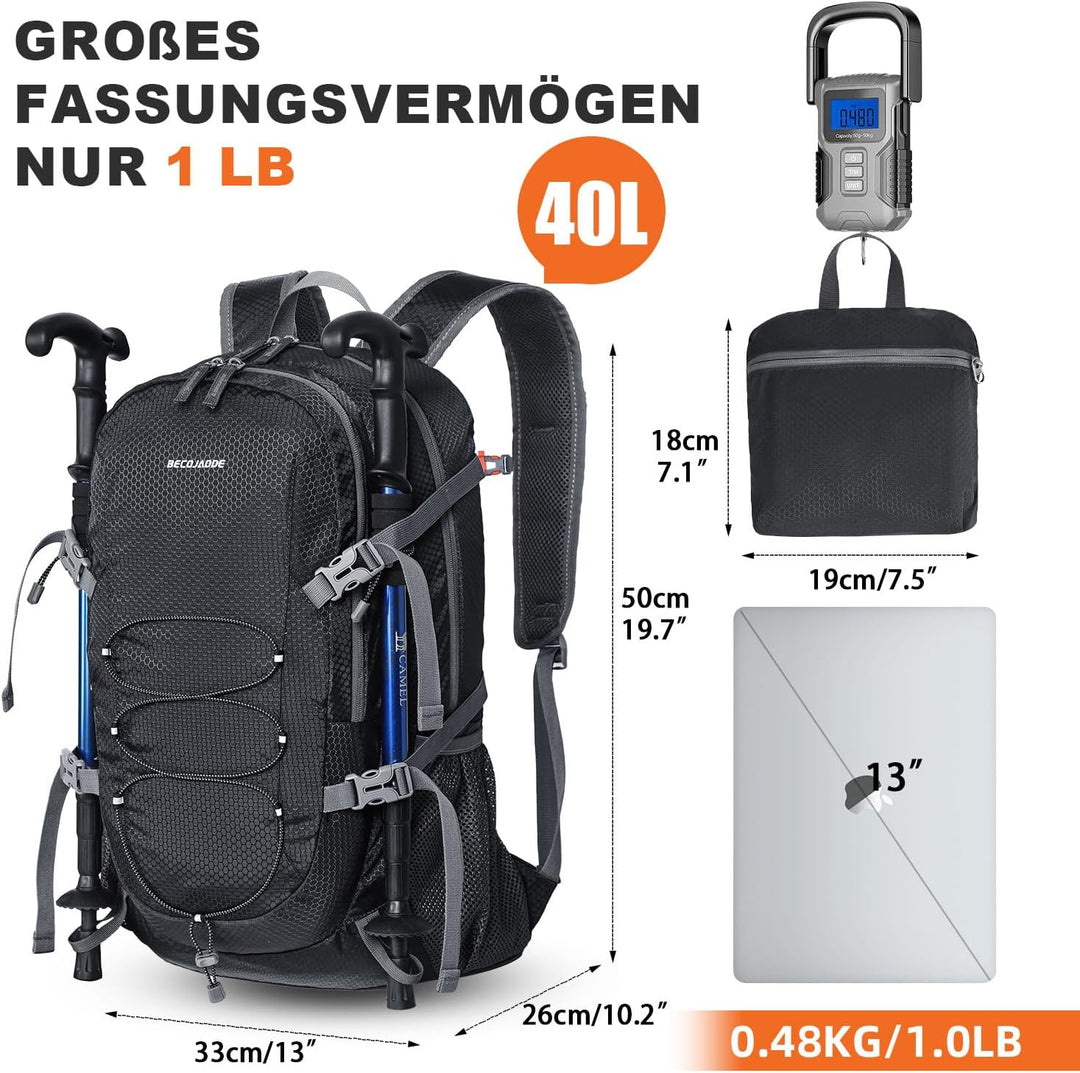 Wanderrucksack Herren Damen 40L Ultraleichter Faltbarer Rucksack Wasserdichter Reiserucksack Trekkin