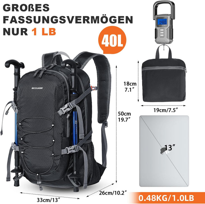 Wanderrucksack Herren Damen 40L Ultraleichter Faltbarer Rucksack Wasserdichter Reiserucksack Trekkin