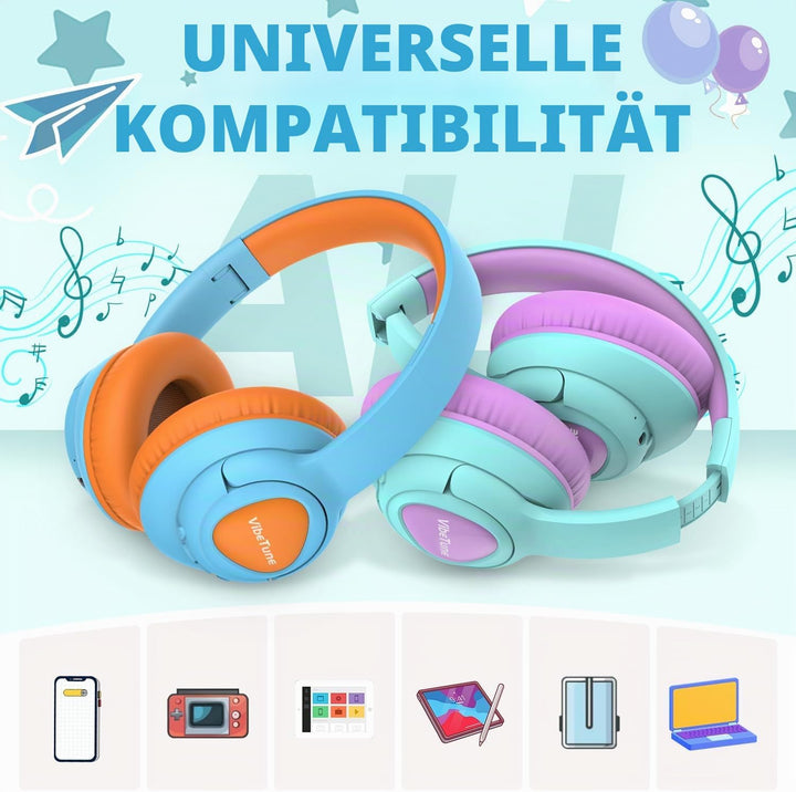 VibeTune Kinder Bluetooth Kopfhörer, 60 Stunden Spielzeit, Lautstärkebegrenzung 85/94dB, Bluetooth 5
