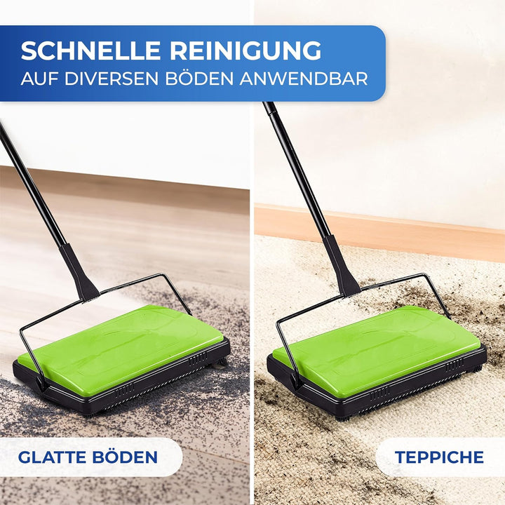 Maximex Teppichkehrer Grün, Stromloser Betrieb, Sekundenschnelle Schmutzaufnahme von Krümeln, Staub,