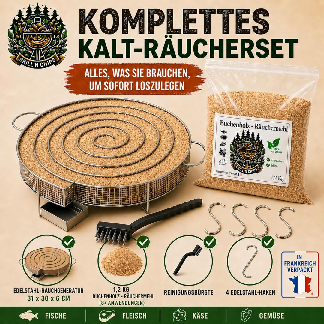 Kaltrauchgenerator (30 cm)/Räucherschnecke für Räucherofen Fleisch und Fisch + 1,3 kg Räuchermehl Bu