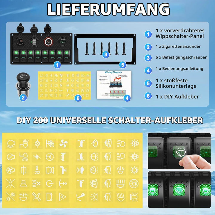Geloo 8 Gang LED Toggle Rocker Switch Panel, 12V/24V Digital Voltage Display Dual USB Charger Port W