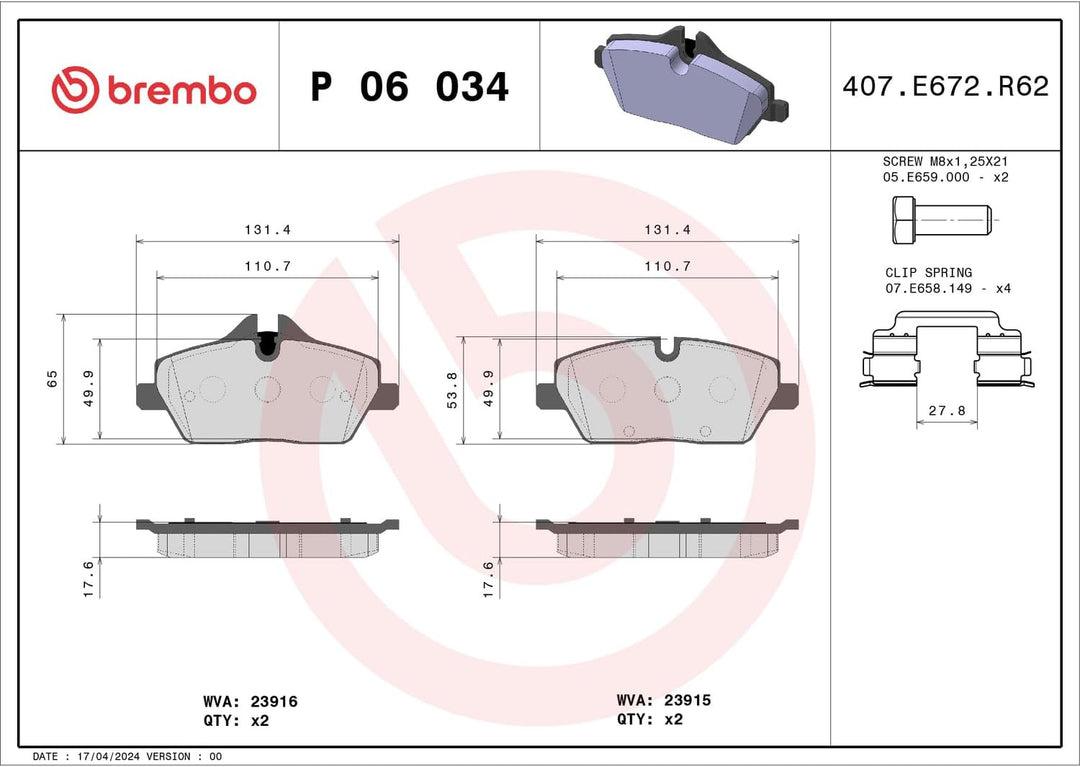 Brembo P 06 034 Bremsbelagsatz, Scheibenbremse - (4-teilig)