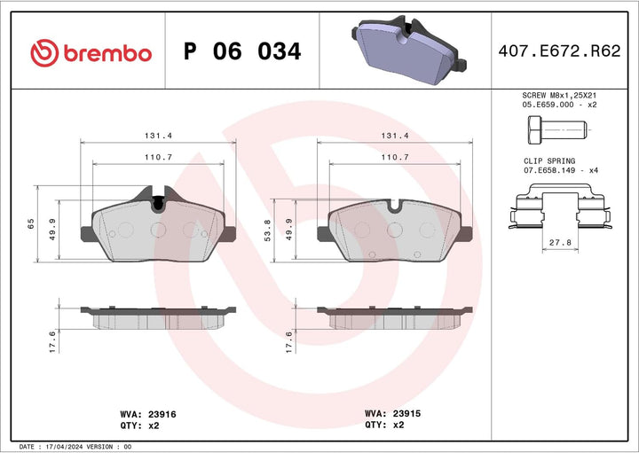 Brembo P 06 034 Bremsbelagsatz, Scheibenbremse - (4-teilig)