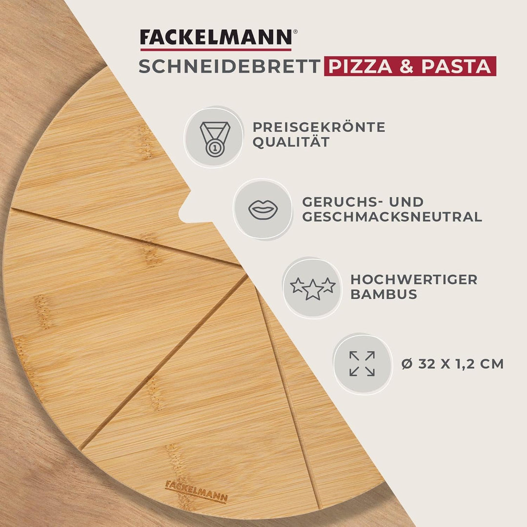 Fackelmann Pizza Schneidebrett Holz rund 32 cm – Aus nachwachsendem Bambus – Schneidrillen für perfe