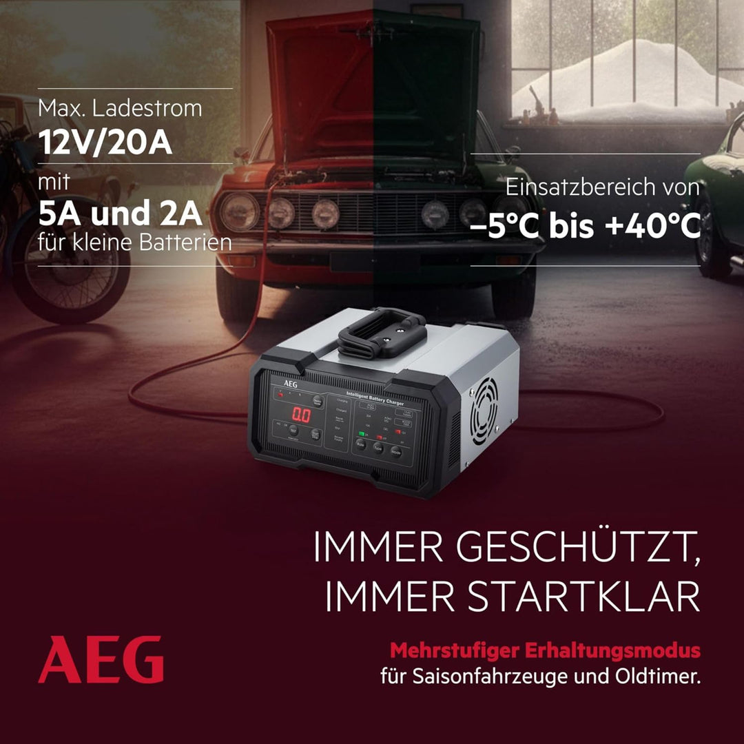 AEG Batterieladegerät CW20 lädt alle 6 V und 12 V Batterien, umfangreicher Sicherungsschutz, mit Lad