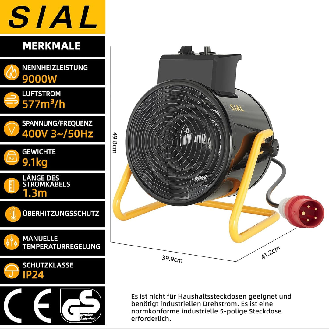 SIAL Industriell Heizlüfter 9000W, 400V - Elektrische Heizung - Heizstrahler Bauheizer - Heizgebläse