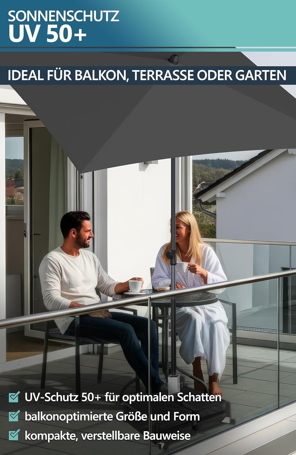 4smile Sonnenschutz Balkon Set 3-teilig,Sonnenschirm rechteckig 200x125cm + Sonnenschirmständer + Sc