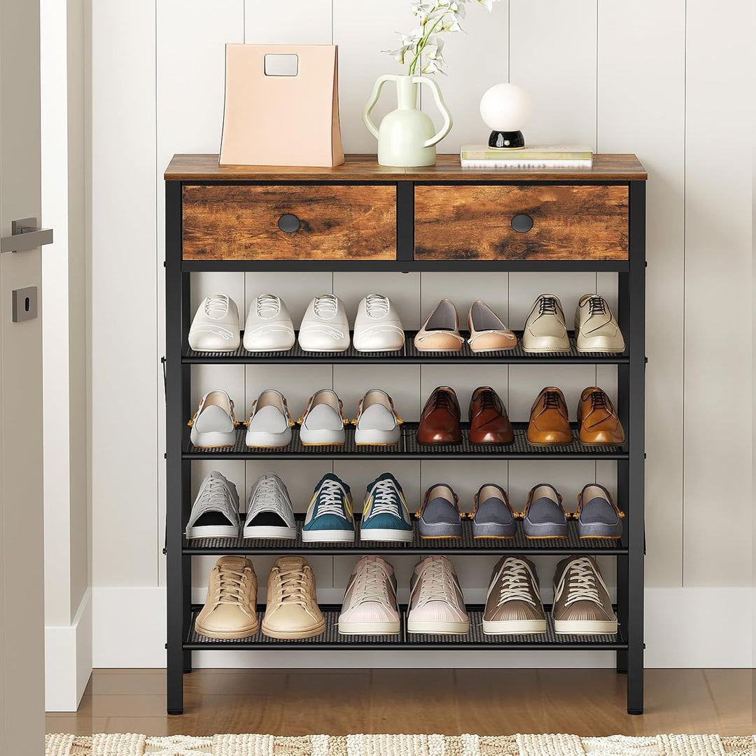 Schuhregal, Schuhablage mit 5 Ebenen, Schuhregal gross, Schuhständer mit 2 Stoffschubladen und 4 Git