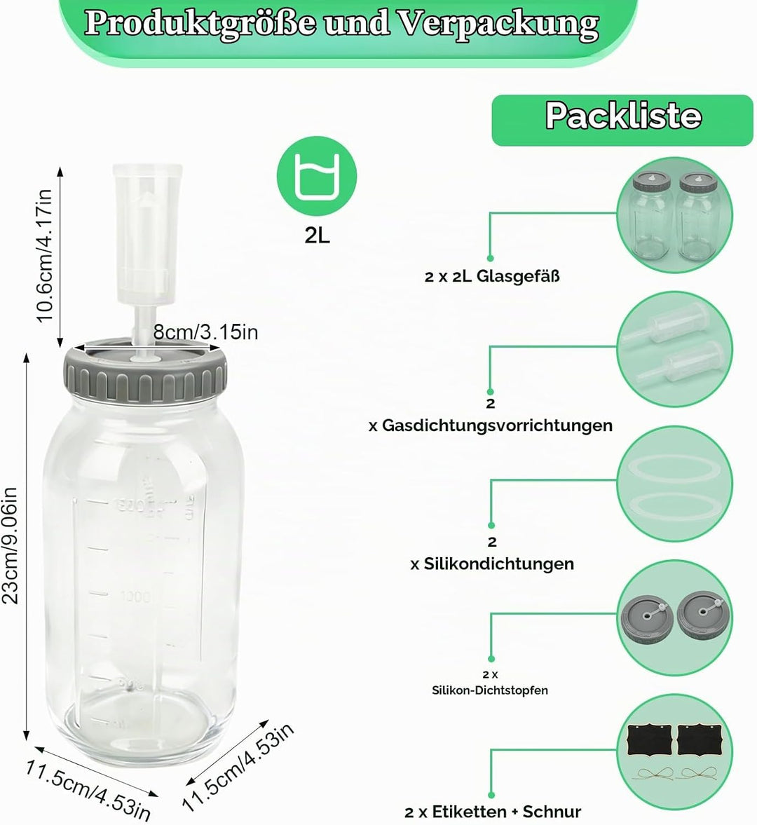 2 Stück Fermentierglas 2L, Fermentationsglas mit Gärventi, Breiter Mund Kimchi Behälter, Fermentatio