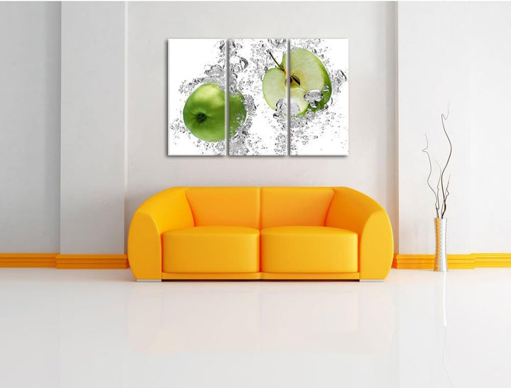 Pixxprint saftig grüne Äpfel im Wasser als Leinwandbild/Grösse: 3 Teilig (120x80 cm) cm/Wandbild/Kun