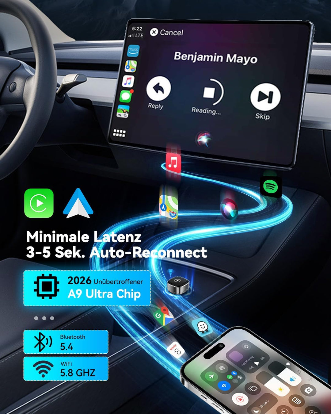 Ultra Mini Wireless CarPlay & Android Auto Adapter 2026, WLAN 6 Bluetooth 5.4, Kabellos CarPlay Adap